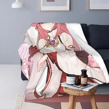 Genshin Poveikio Kawaii Girl Flanelė Antklodės Yae Miko Anime Derlius Mesti Antklodę už Sofos Patalynės Lounge 150*125cm Lovatiesės