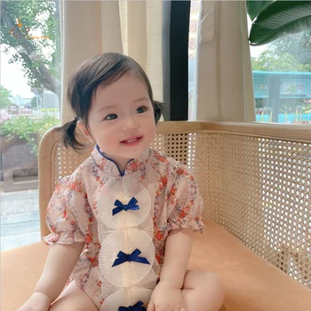 2023 Vasaros Baby Girl Cheongsam Kinų Stiliaus Kūdikių Mergaitės Nėrinius, Drabužių Vaikams Gimtadienio Rožinė Princesė Šalis Suknelės Medžiaga