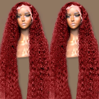 99J Giliai Banga Nėrinių Priekinės Žmogaus Plaukų Perukai Moterims, Brazilijos Raudona Bordo Spalvos Vandens Garbanotas Žmogaus Plaukų Nėriniai Priekiniai Perukai 13x4