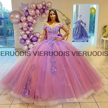 Alyvinė Lankas Atgal nuo Peties Korsetas Quinceanera Suknelės Kamuolys Suknelė 3D Gėlės Appliques Saldus 16 Vestidos De 15 Años