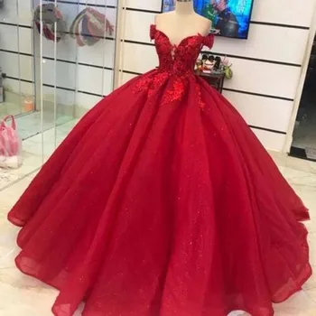 ANGELSBRIDEP Off-Pečių Raudona Quinceanera Suknelės 15 Šalies Nėrinių Blizgučiai Tiulio Princess Gimtadienio Kamuolys Suknelė Saldus 16 Suknelės