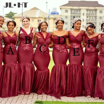 Bordo Undinė Afrikos Bridesmaid Dresses Rūbeliai Suknelės Off Pečių Aplikacijos Satin Ilgos Pigūs Vestuvių Bridesmaid Suknelę