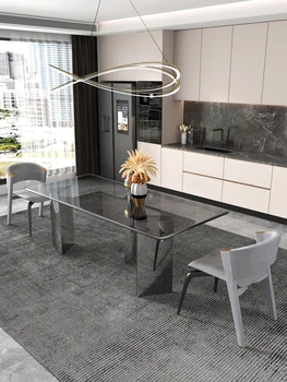 Custom prabanga grūdintas stiklas valgomasis stalas stačiakampio formos pietų stalas, modernus minimalistinio dizaineris valgomasis stalas ir kėdės derinys