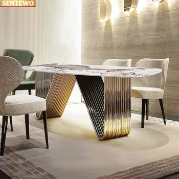 Dizaineris Prabangus valgomasis kambarys Marmuro Uolos Plokštė valgomojo stalo rinkinys, 6 kėdės mesa esstisch baldai marbre Nerūdijančio plieno aukso bazės