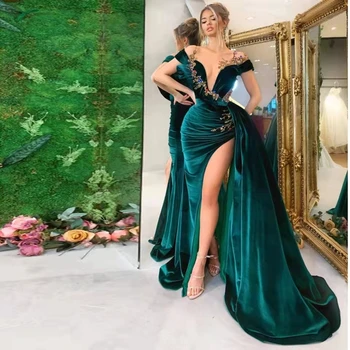 Emerald Green Velvet Vien Kaklo Undinė vakarinę Suknelę Dubajus Aukštos Ritininės Oficialų Suknelė 2023 arabų Prom Šalis Suknelė rūbeliai de soirée