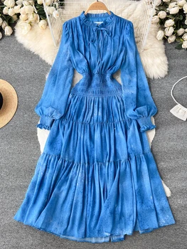 FTLZZ Pavasarį, Rudenį Elegantiškas Moteris, O-kaklo Sluoksniuotos Rankovėmis Susiėmę Suknelė Atsitiktinis Lady Imperijos Slim Ilga Suknelė Vintage-line Suknelė