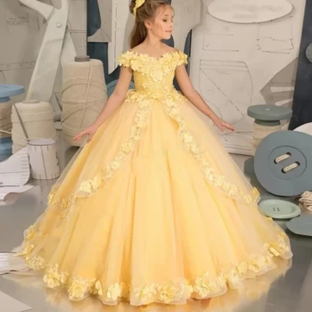Geltonos Spalvos Gėlių Mergaičių Suknelės Nėriniai Tiulio Duobute Appliqued Inscenizacija Mergaitėms Pirmosios Komunijos Suknelės Vaikams Prom Dresses Geltona Srautas