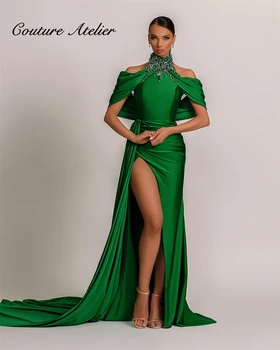Green Satino Prom Dresses Aukštos Ritininės Artimųjų Rytų Undinė Šalis Suknelė Su Traukiniu Zawalcowany Aukšto Kaklo Oficialų Suknelė Nuo Peties
