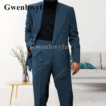 Gwenhwyfar Naujas Mados vyriški dvieiliai Išvaizdus, Vidutinio ilgio Denim Blue Vestuvių 2-piece Geriausią Vyro Kostiumas Striukė Su Kelnių