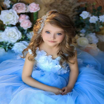 Gėlių Mergaitės Suknelė Vaikams Mėlynos spalvos Nėrinių Gėlių Tiulio Traukinio Sleevless Kamuolys Suknelė Vestuvių Šalis Bridesmaid, Chalatai Suknelės