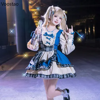 Japonijos Saldus Lankas Lolita OP Suknelė Moterims Kawaii Pledas Raukiniai Kratinys Džinsinio audinio Šalis Suknelės Mergaičių Gotikos Y2K Punk Mini Suknelė