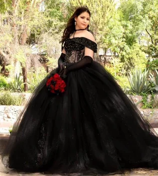 Juoda Meksikos Quinceanera Suknelės 2023 Prabanga Puošnios Nėrinių Saldus 16 Suknelė Kamuolys Suknelė Tiulis Korsetas, vestidos de 15 quinceanera