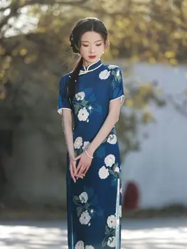 Kinų Stiliaus Moteris Mėlynos Spalvos Gėlių Spausdinti Cheongsam Derliaus Plonas Aukštos Padalinta Qipao Šiuolaikinių Tradicinių Suknelė