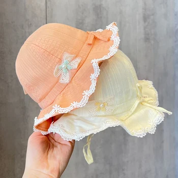 Korėjos versija baby girl kibiro kepurę pavasario vasaros medvilnės kvėpuojantis apsaugos nuo saulės, skrybėlę bamblys nėrinių lankas princesės skrybėlę