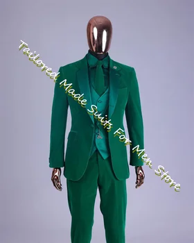 Mens Kostiumai 3 Gabalas Prabanga Slim Fit Green Velvet Jaunikis Oficialus Dėvėti Visiškai Elegantiškas Vyras Švarkas Rinkiniai Prom Elegantiškas Suknelės