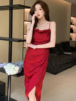 Moteris Raudona Satino Prabangos Peated Diržas Ilga Suknelė Vasarai Juoda Korėjos Derliaus Vakarinę Suknelę 2023 Elegantiškas Atsitiktinis Šokių Grupė Vestido