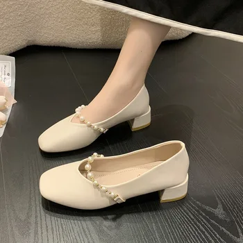 Moterų Sandalai prancūzijos Elegantiškas Pearl Aukšti Kulniukai Senovinių Kvadratinių Kojų Odos Bateliai Moteris Mados Mary Janes Siurbliai Zapatos Mujer