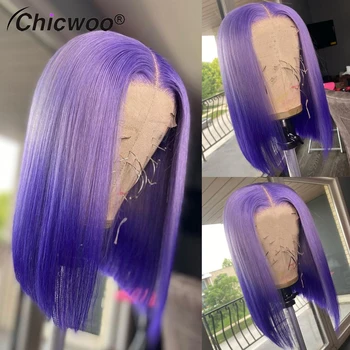 Ombre Violetinė Šilkiniai Tiesiai Trumpas Bob Perukai Preplucked Brazilijos Remy Human Hair 13x4 Nėriniai Priekiniai Perukas Moterų Violetinės Spalvos Perukas