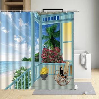 Paplūdimys, Palmių Dušo Užuolaidos Namų Vonioje Vonios Kambarys Dekoro Ekranai Su Kabliukai Skalbti Šiuolaikinės Aplinkos Apsaugos Audinys