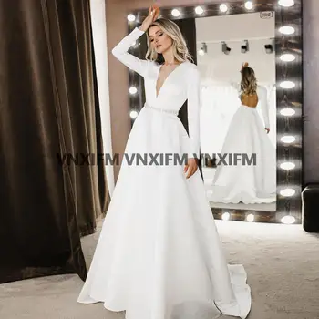 Paprastas V-kaklo, ilgomis Rankovėmis, Vestuvių Suknelės, Puošnios Atviros Nugaros Drabužius de Mariee Individualų A-line Bridal Gown
