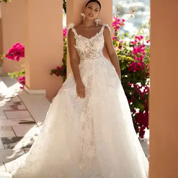 Prabangus Rankovių Vestuvių Suknelės Atvira nugara 3D Gėlių Appliques Linijos, Blizgučiai Elegantiškas Vestido De Novia
