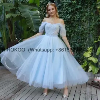 Princesė Off Peties Tiulio Kulkšnies Ilgio, Šviesiai Mėlyna Prom Oficialų Suknelė, Perlų Naujas Boho Vakaro Suknelė Vestuves