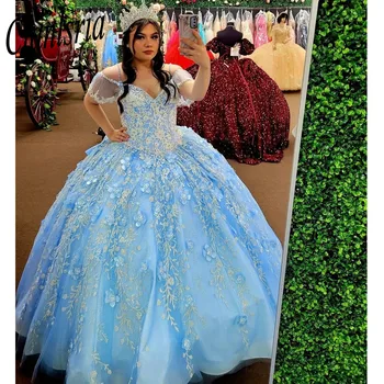 Princesė Quinceanera Suknelės 2023 V Kaklo Korsetas Kamuolys Suknelė Lady Saldainiukas 15 Baby Blue Tiulio 3D Gėlių Prabanga Quinceanera Suknelė
