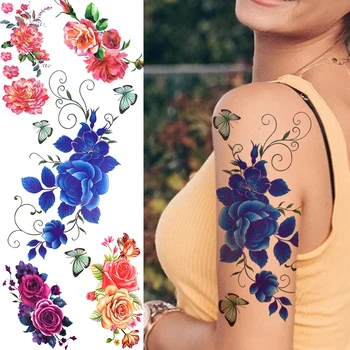 Realus Netikrą Gėlių Laikinos Tatuiruotės Moterys, Suaugusieji 3D Dahlia Akvarelė Bijūnai, Rožių Tatuiruotė Lipdukas Netikrą Vynuogių Tatoos Didelis