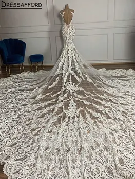 Realus Vaizdo Iliuzija 3D Appliques Nėrinių Dubajus Vestuvių Suknelės Undinė nuo Peties Rankovių Saudo arabų Nuotakos Suknelė