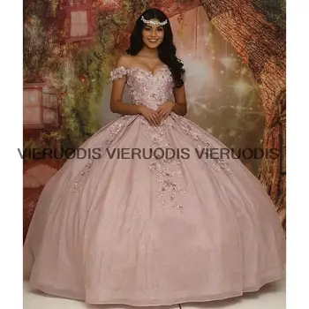 Rožinė Nuo Pečių, Rankų Darbo Gėlių Kamuolys Suknelė Quinceanera Suknelės Kristalų Tiulio Appliques Vestido De 15 Anos Saldus 16