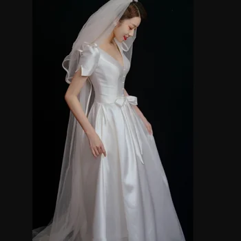 Senovinių Vestuvių Suknelė Paprasta Satino linija Su Rankovėmis Lankas V-kaklo hochzeitskleid vestido branco chalatas de mariée 2022