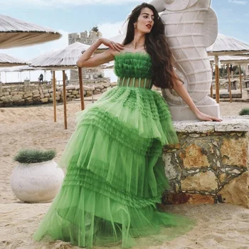 Stebėjimo Ryškiai Žalia Tiulio Suknelė-line Matyti Per Purus Vakaro Suknelės Su Traukiniu Rankovių Prom Vasaros Suknelė Elegantiškas
