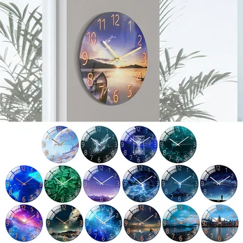 Stiklo Sienos Laikrodį, Modernaus Dizaino Grūdinto Stiklo Sieniniai Laikrodžiai Su Kraštovaizdžio Šviesos Spalvingas Laikrodis, Skirtą Kambarį Namuose Miegamojo Puošimas