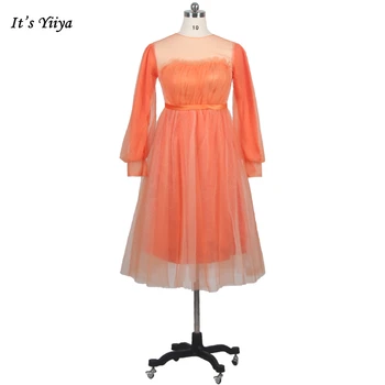 Tai Yiiya Promenadzie Suknelė, Oranžinės spalvos Tiulio Klostyti O-kaklo Visą Rankovėmis ir Nėrinių-line Arbata-ilgis Plius dydis Moterys Šalis Oficialią Suknelės R285