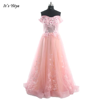 Tai Yiiya Vakaro Suknelės Rožinės spalvos Tiulio iliuzija Pearl Duobute nuo Peties Lace A-line Grindų Ilgis Moterys Šalis Suknelė CH003