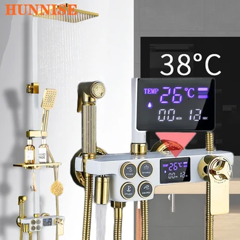 Termostatiniai Dušo Maišytuvas Kokybės Žalvario, LED Skaitmeninis Vonios kambarys Dušo Nustatyta Sistema, Lietaus Dušo Galva Balto Aukso Dušo Mxier Bakstelėkite