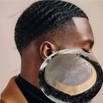 Toupee Žmogui Europen Žmogaus Plaukų Pakeitimo Sistema Vyrų Hairpiece Mono Nėriniai su PU Apie 10mm Giliai Garbanotas Afrikos Amerikos Perukas
