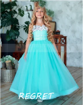 Turkio spalvos Tiulio 3D Gėlės Internetu, Gėlių Mergaitės Suknelė Vestuvių Backless Dirželiai Vaikas Princesė Inscenizacija Suknelė Gimtadienio Suknelė