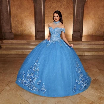Šviesiai Mėlyna Brangioji 3D Gėlių Quinceanera Suknelės Duobute Nėriniai 