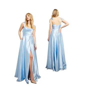 Šviesiai mėlynos spalvos, minkšto satino įvyniojimas sijonas arba iškilmingas renginys suknelė SH-062